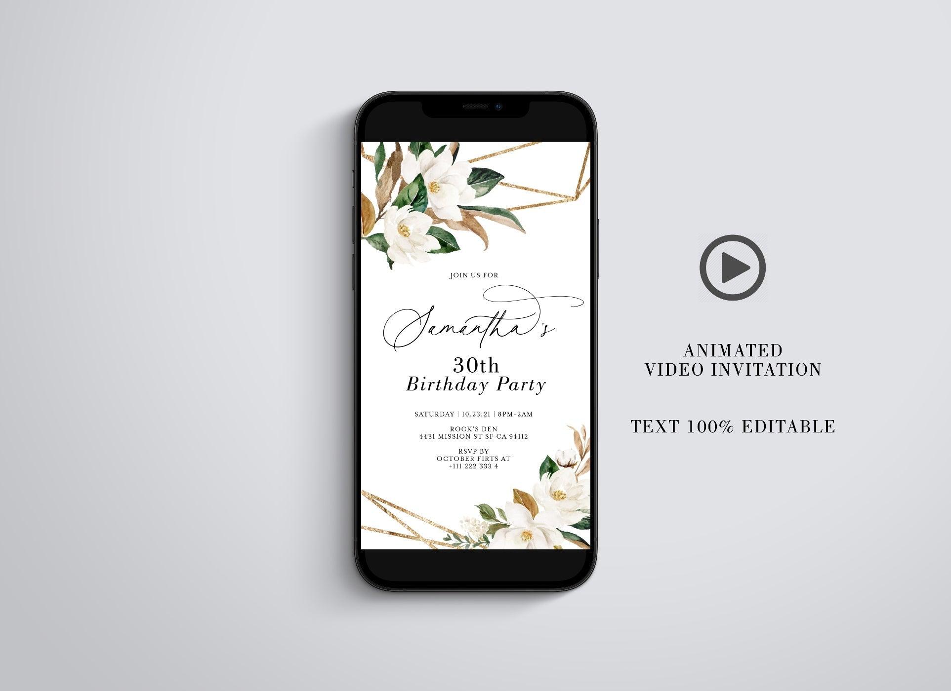 Magnolia Birthday Video Evite, Electronic Birthday Invite, Birthday Video Invitation, Animated Invitation - SAVVY PAPER CO