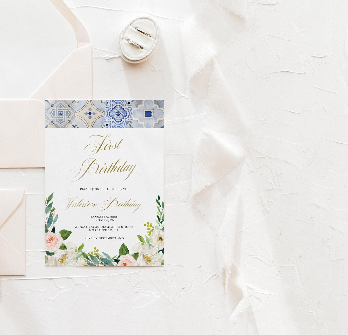 Mediterranean First Birthday Invitation Template, Printable Blue Tiles Birthday Invitation, Baby Girl 1st Birthday Party Invite- JUDY - SAVVY PAPER CO