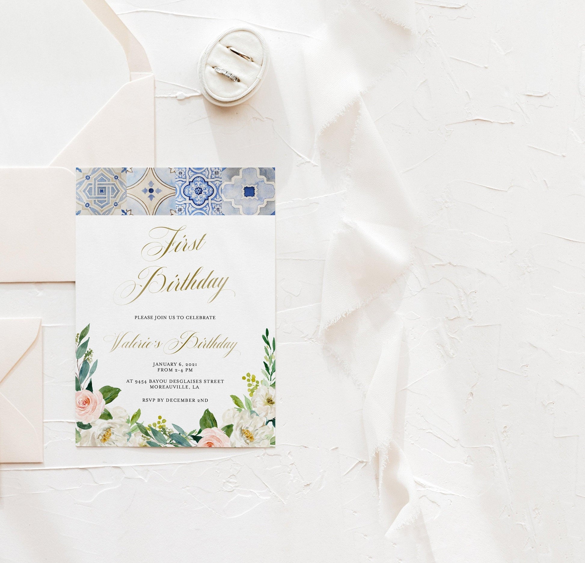 Mediterranean First Birthday Invitation Template, Printable Blue Tiles Birthday Invitation, Baby Girl 1st Birthday Party Invite- JUDY - SAVVY PAPER CO