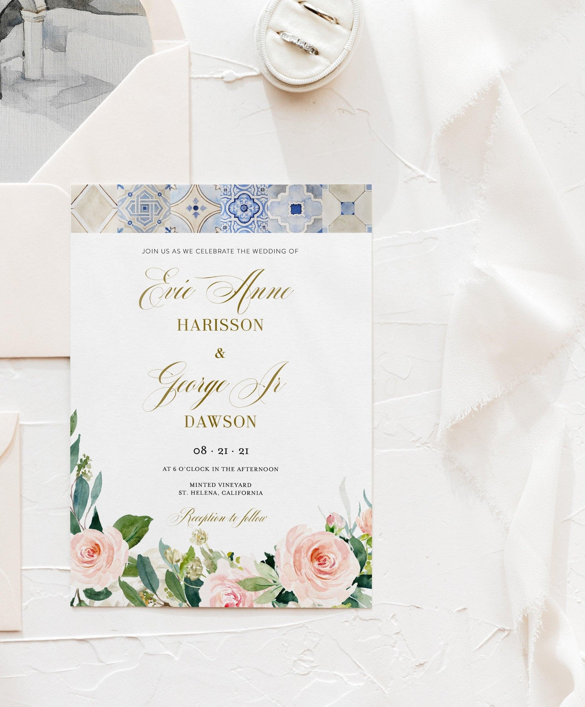 Mediterranean Wedding Invitation Template, Floral Wedding Invite, Blue Tiles Wedding Invites, Gold Foil Printable Wedding - JUDY - SAVVY PAPER CO