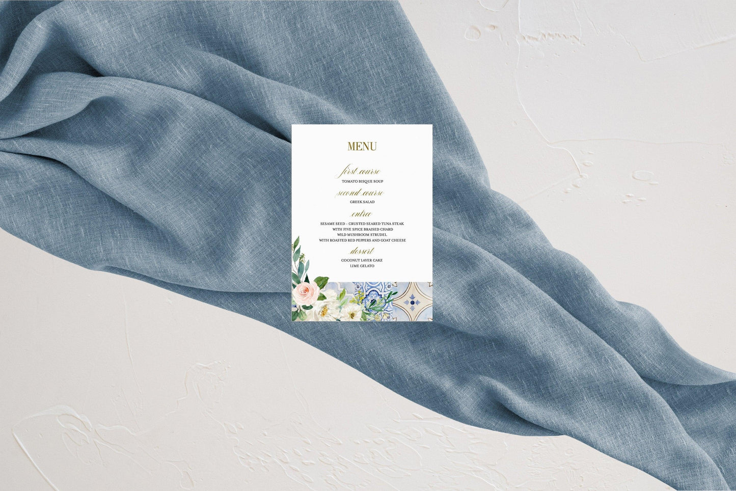 Mediterranean Wedding Menu Template, Greek Accent Wedding Dinner Menu, Blue Tiles Wedding Menu, Gold Foil, Printable Wedding - JUDY - SAVVY PAPER CO