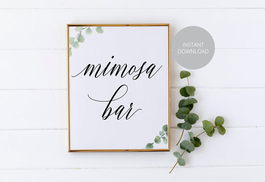 Mimosa Bar Sign, Pour the Bubbly, Reception Decor, Wedding Sign,Greenery Wedding, Wedding Printable, Mimosa Sign, Instant Download - SAVVY PAPER CO