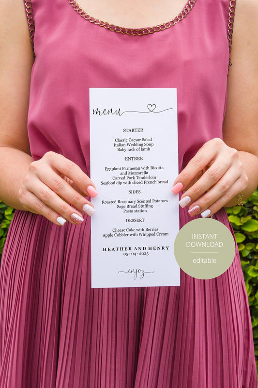 Minimal Wedding Menu Printable Template, Editable Instant Download, Menu Cards, DIY Dinner Menu Heart - Heather - SAVVY PAPER CO