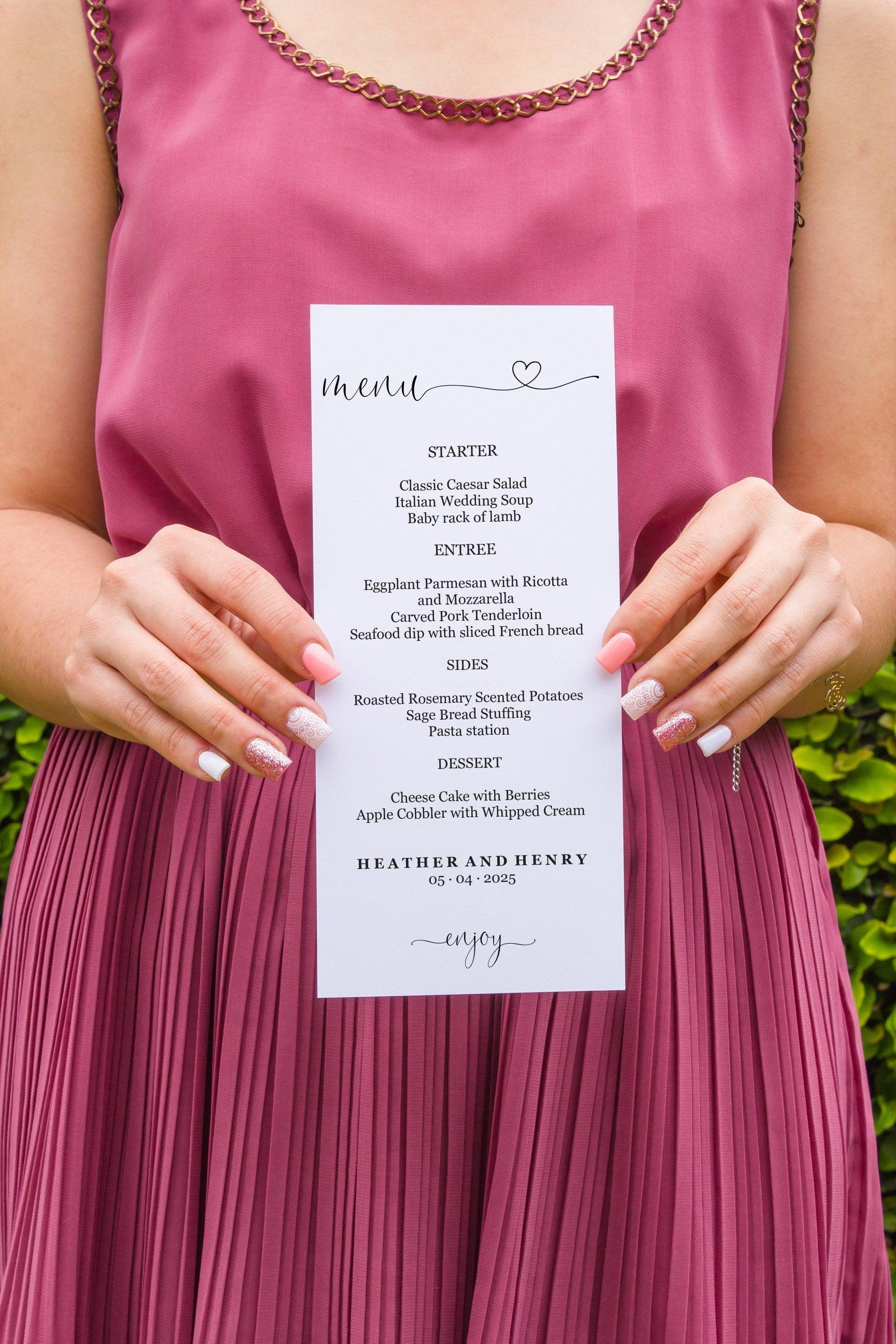 Minimal Wedding Menu Printable Template, Editable Instant Download, Menu Cards, DIY Dinner Menu Heart - Heather - SAVVY PAPER CO