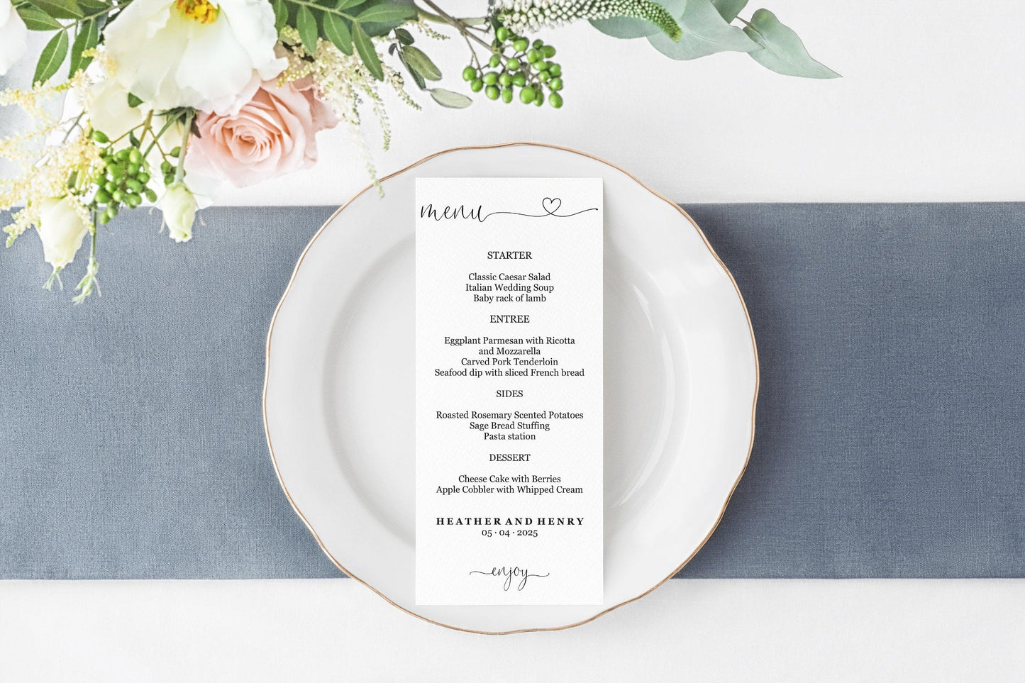 Minimal Wedding Menu Printable Template, Editable Instant Download, Menu Cards, DIY Dinner Menu Heart - Heather - SAVVY PAPER CO