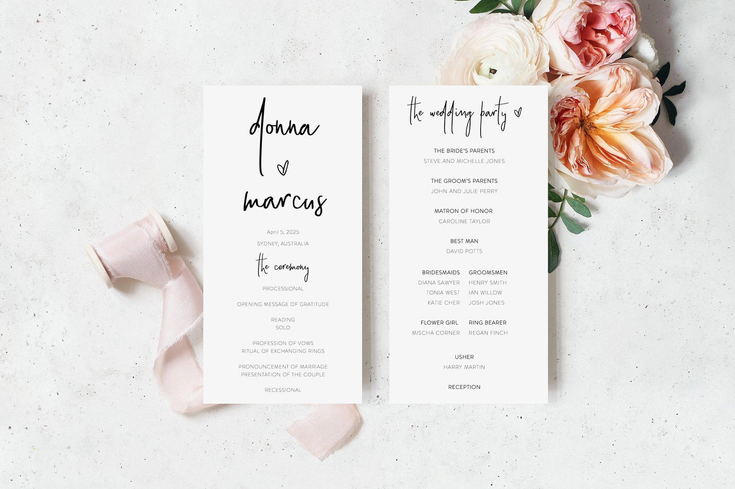 Minimalist Wedding Program Template, Program For Wedding, Printable Wedding Program, Editable Wedding Program Templett - DONNA - SAVVY PAPER CO