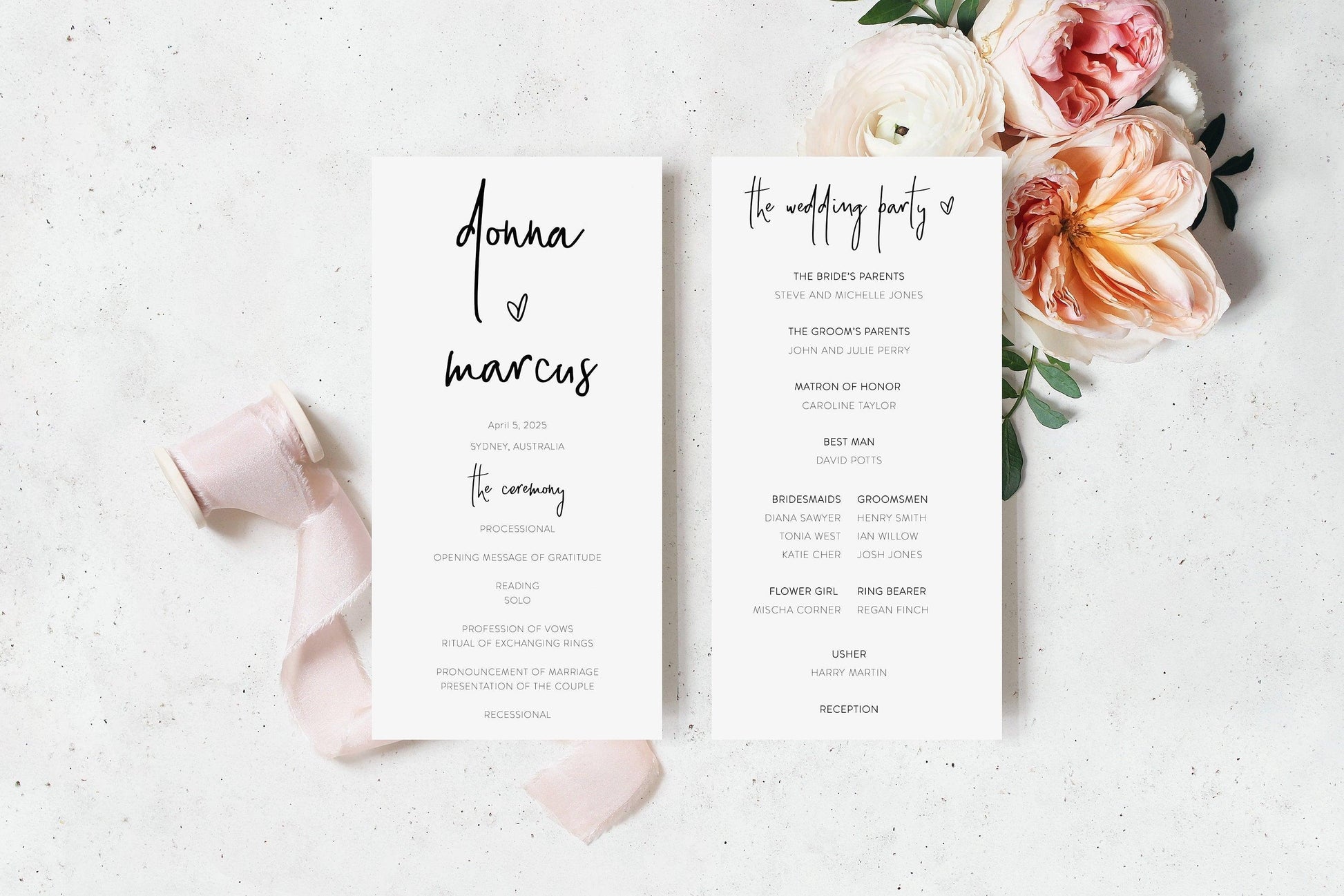 Minimalist Wedding Program Template, Program For Wedding, Printable Wedding Program, Editable Wedding Program Templett - DONNA - SAVVY PAPER CO
