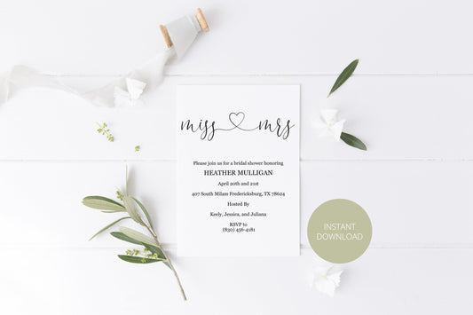 Miss to Mrs Bridal Shower Invitation Instant Download Printable Editable Template DIY Bridal Shower Invite - Heather - SAVVY PAPER CO