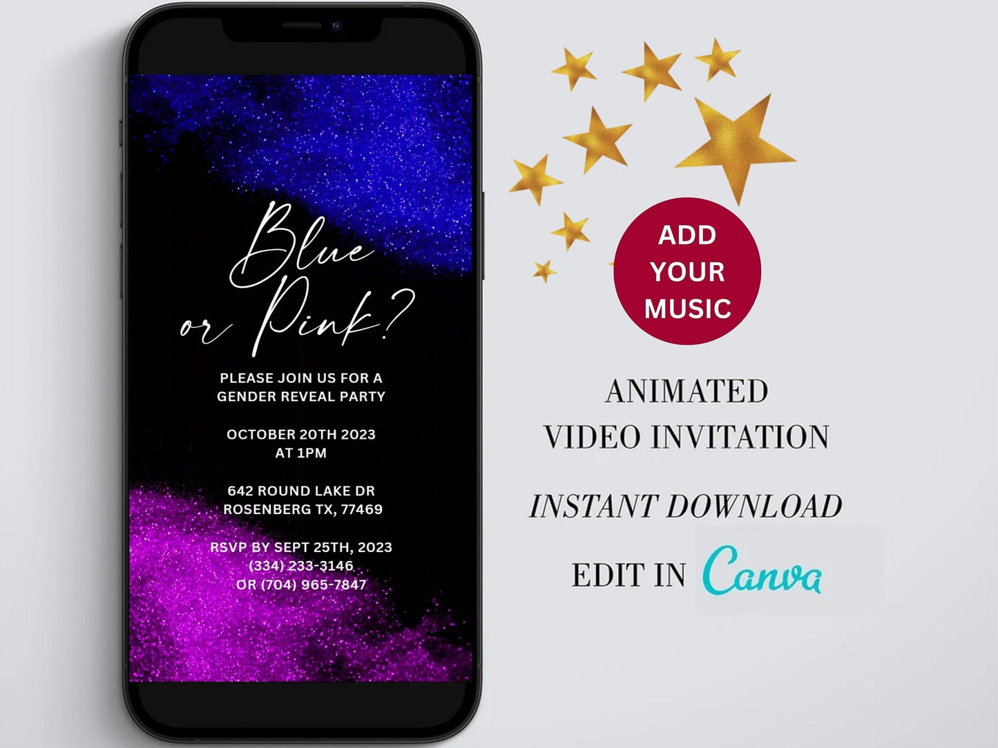 Modern Gender Reveal Invitation Template, Digital Gender Reveal Party Invite, Gender Reveal Editable Template, Blue and Pink Powder Glitter - SAVVY PAPER CO