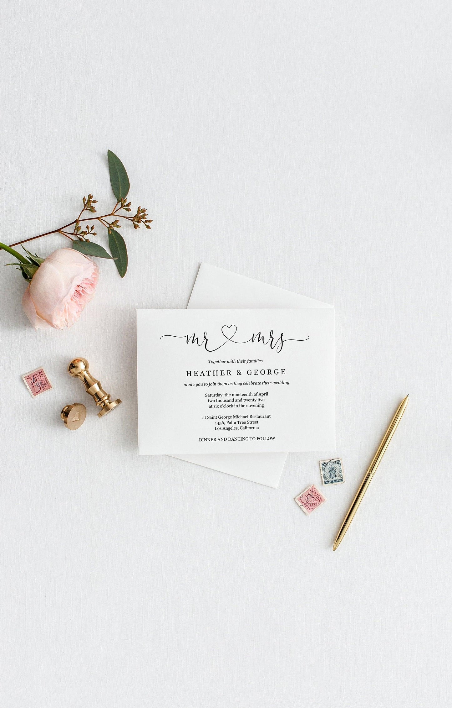 Mr and Mrs Wedding Invitation Template Editable Wedding Invitation Template Printable Calligraphy Instant Download Heart - Heather - SAVVY PAPER CO