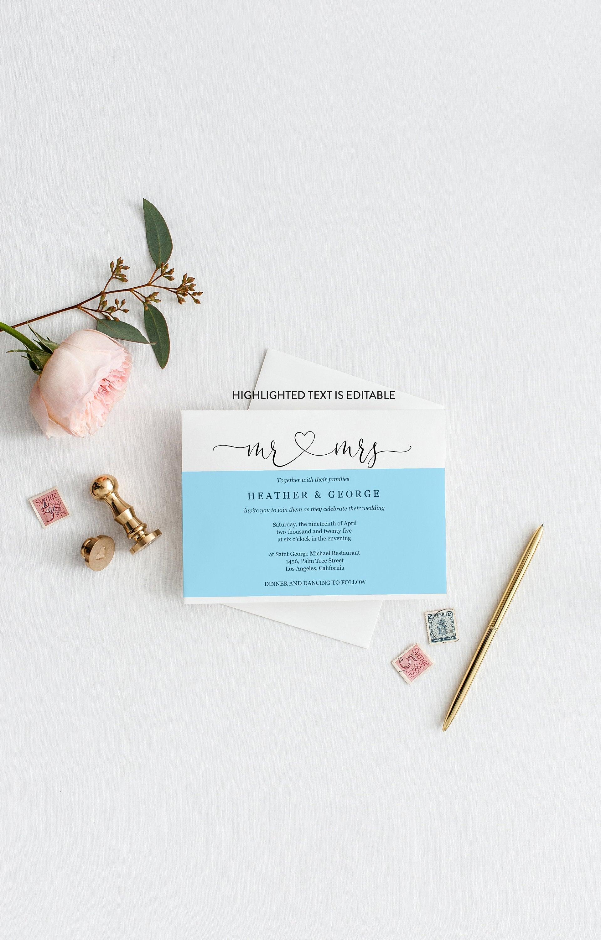 Mr and Mrs Wedding Invitation Template Editable Wedding Invitation Template Printable Calligraphy Instant Download Heart - Heather - SAVVY PAPER CO