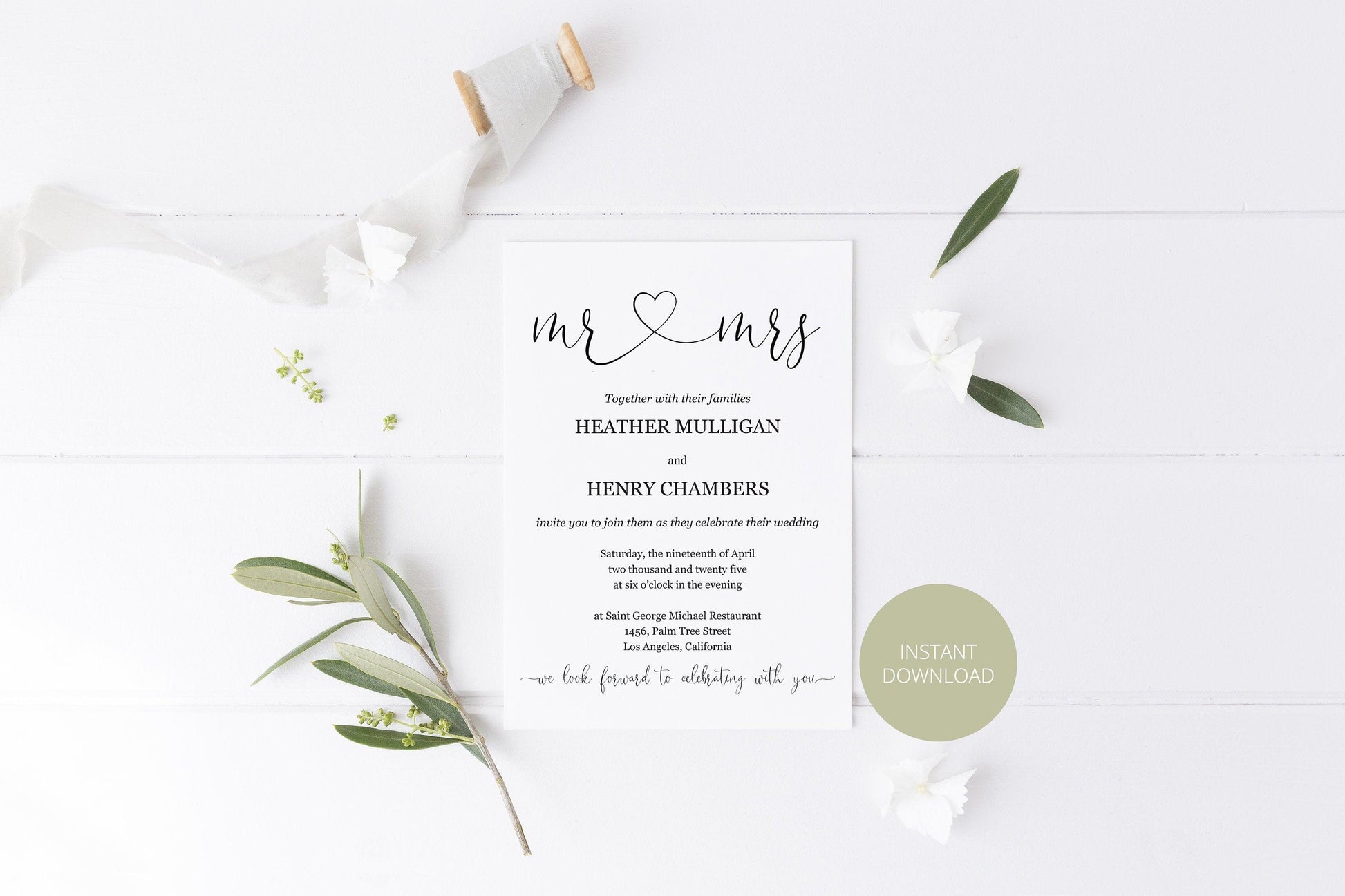 Mr and Mrs Wedding Invitation Template, Editable Wedding Invitation Template, Printable, Calligraphy, Instant Download, Heart - Heather - SAVVY PAPER CO