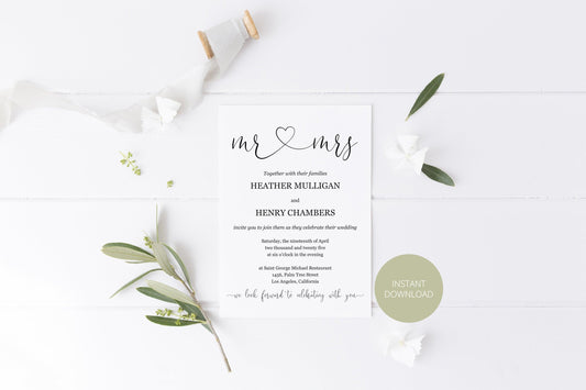 Mr and Mrs Wedding Invitation Template, Editable Wedding Invitation Template, Printable, Calligraphy, Instant Download, Heart - Heather - SAVVY PAPER CO
