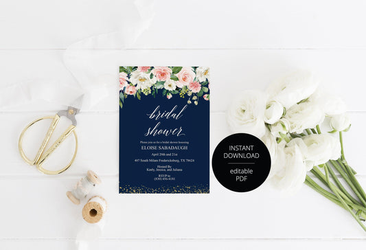 Navy Blue Bridal Shower Invitation Instant Download Printable Editable Template DIY Bridal Shower Inviter - Eloise - SAVVY PAPER CO