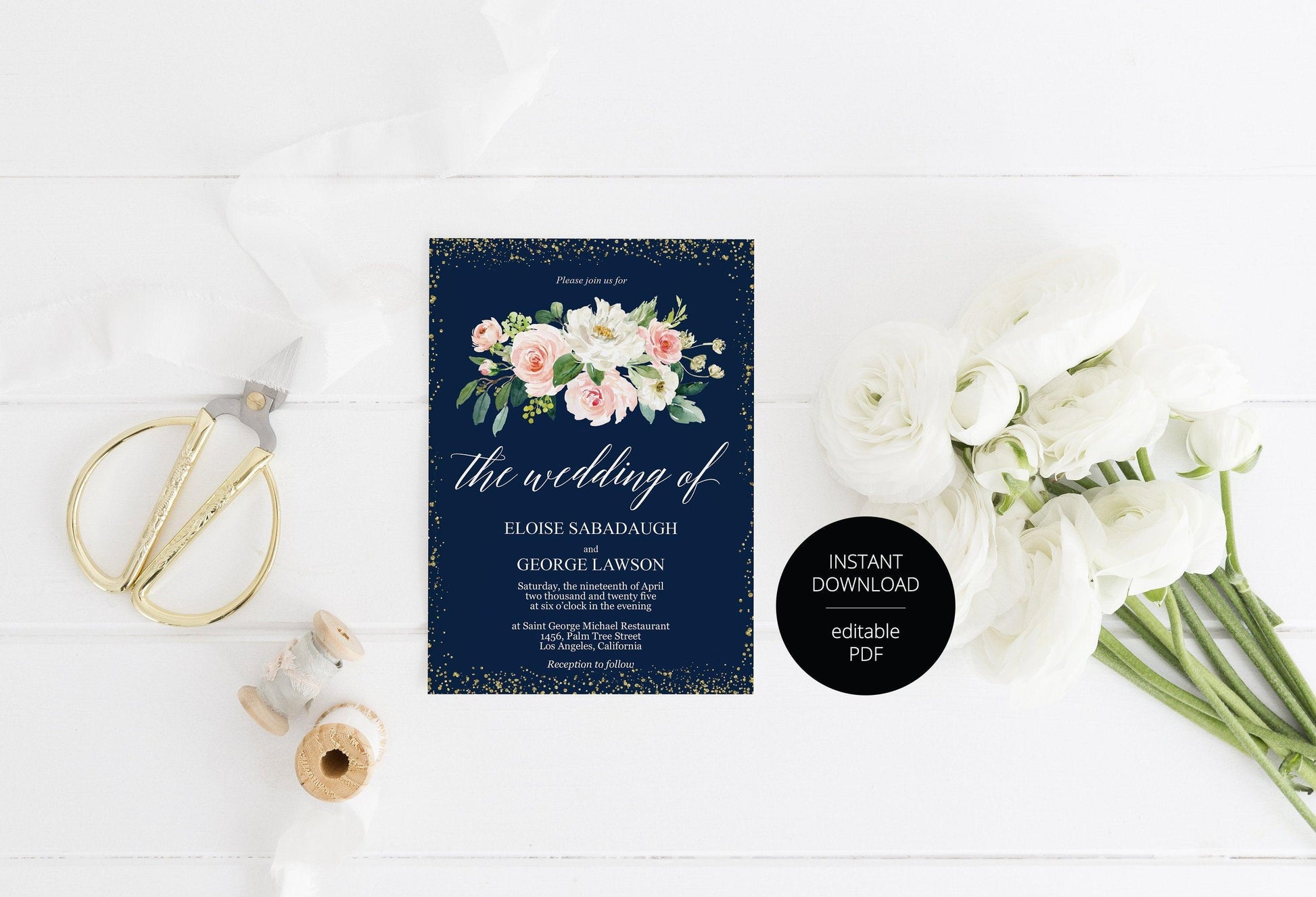 Navy Blue Floral Wedding Invitation Editable Template, Printable DIY Instant Download Invites, Digital Download Invitations-Eloise - SAVVY PAPER CO