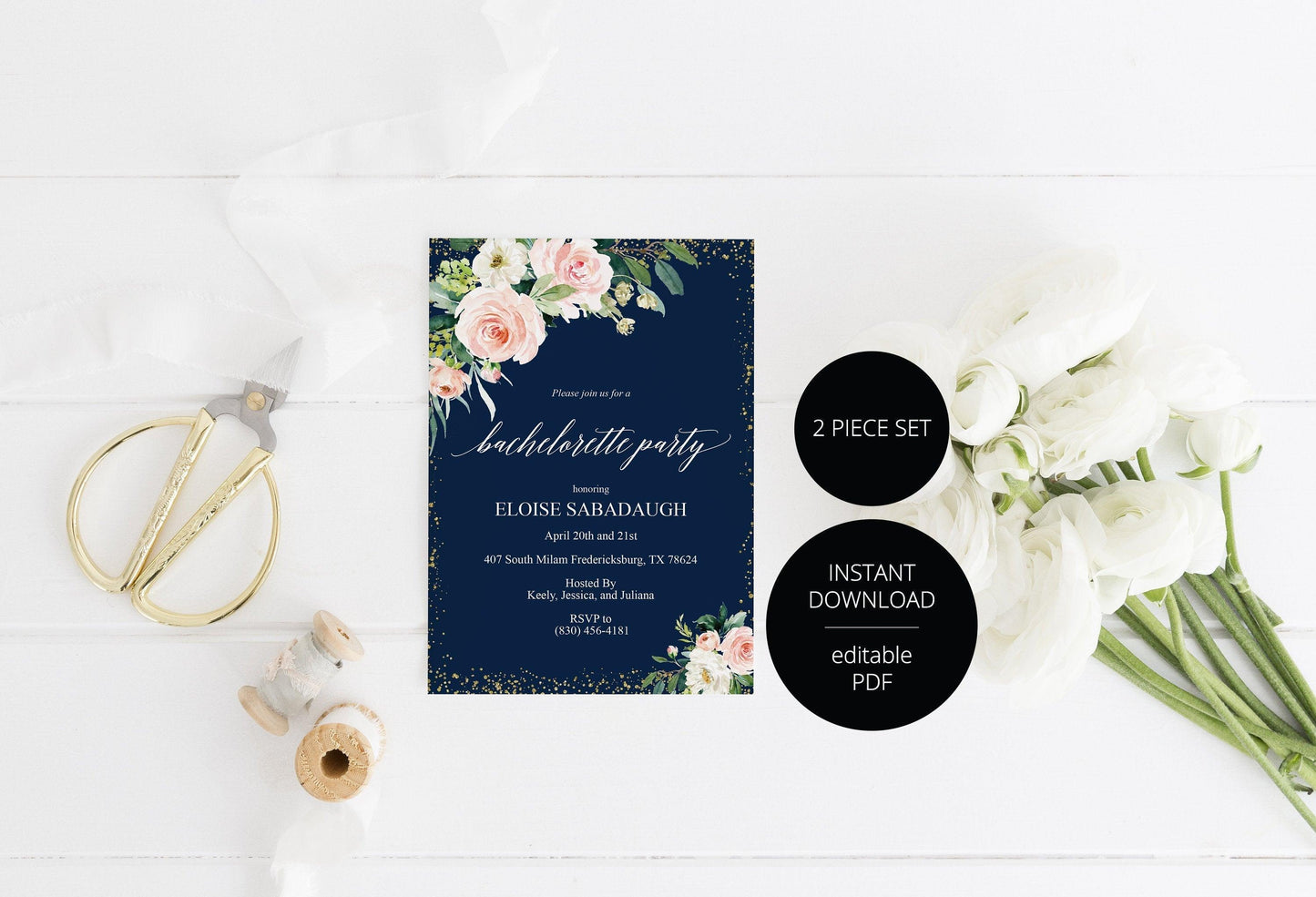 Navy Gold Bachelorette Party Invite, DIY Editable Instant Download Bachelorette Invites, Invitation Template - Eloise - SAVVY PAPER CO