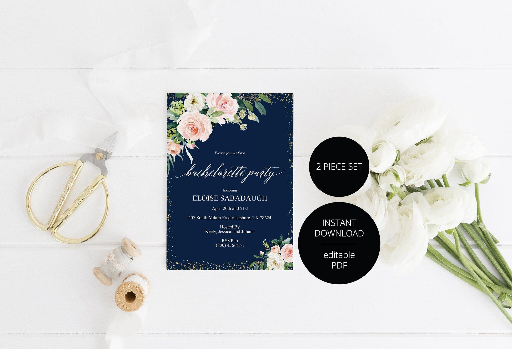 Navy Gold Bachelorette Party Invite, DIY Editable Instant Download Bachelorette Invites, Invitation Template - Eloise - SAVVY PAPER CO