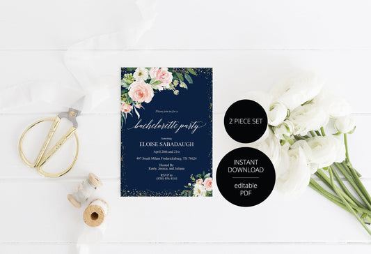 Navy Gold Bachelorette Party Invite, DIY Editable Instant Download Bachelorette Invites, Invitation Template - Eloise - SAVVY PAPER CO