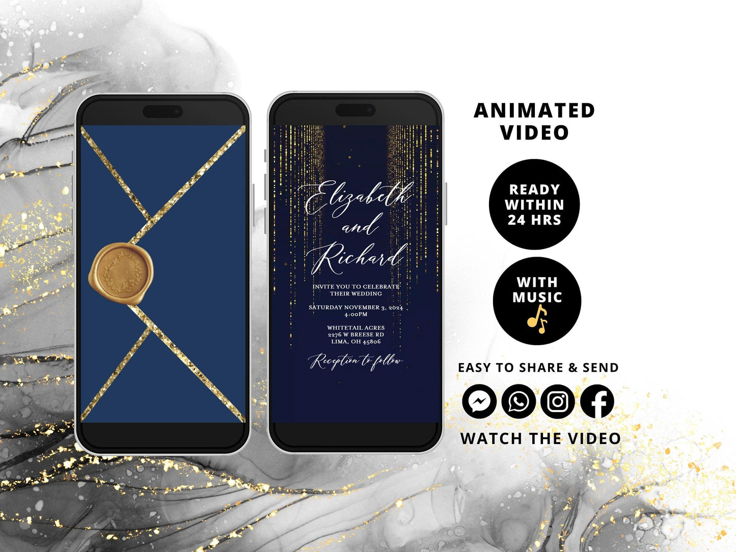 Navy Wedding Video Invitation, Personalized Digital animated invite, Custom Glitter Video evite, Electronic paperless invitations - SAVVY PAPER CO