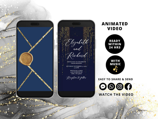 Navy Wedding Video Invitation, Personalized Digital animated invite, Custom Glitter Video evite, Electronic paperless invitations - SAVVY PAPER CO