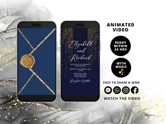 Navy Wedding Video Invitation, Personalized Digital animated invite, Custom Glitter Video evite, Electronic paperless invitations - SAVVY PAPER CO