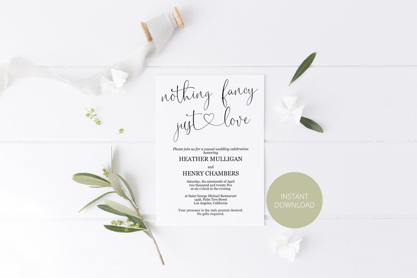 Nothing Fancy just Love Wedding Invitation Template, Editable,Printable,Calligraphy,Heart,Wedding Announcement,Elopement,we eloped - Heather - SAVVY PAPER CO