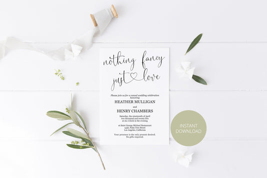 Nothing Fancy just Love Wedding Invitation Template, Editable,Printable,Calligraphy,Heart,Wedding Announcement,Elopement,we eloped - Heather - SAVVY PAPER CO