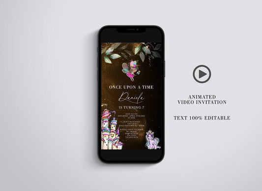 Once upon a time Birthday Video Evite, Electronic Birthday Video Invitation, Animated Invitation Fairyland, Unicorn, Castle, Girl Birthday - SAVVY PAPER CO