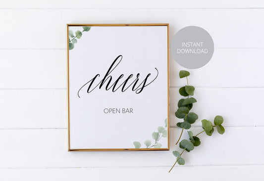 Open Bar Sign, Cheers, Wedding Bar, Wedding, Instant Download, Wedding Decor, Wedding Printable, Greenery, Rustic Wedding - SAVVY PAPER CO