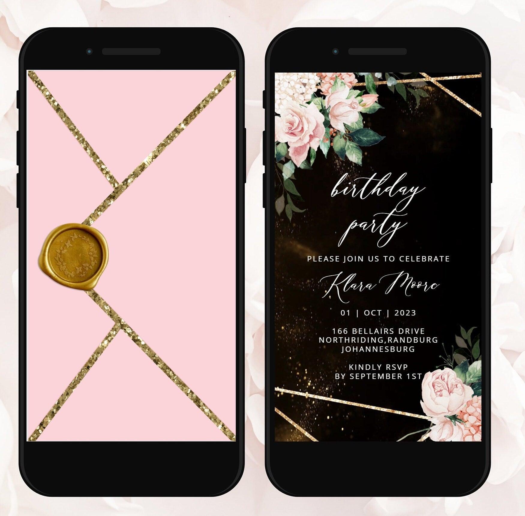 Opening Blush Envelope Birthday Invitation Template, Digital Animated Invite, Gold Video invitations, Instant Download Evite, Any Age - SAVVY PAPER CO