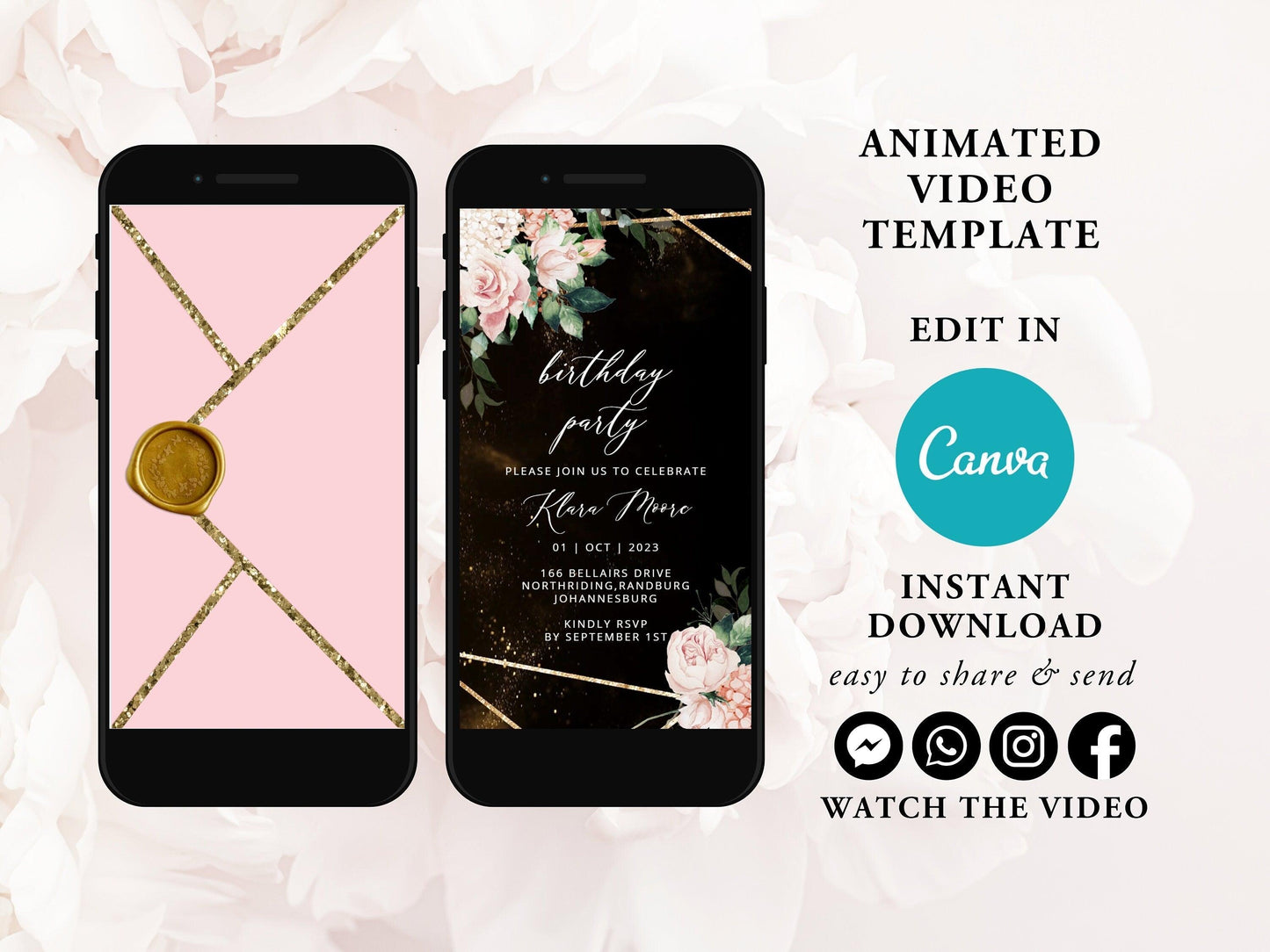 Opening Blush Envelope Birthday Invitation Template, Digital Animated Invite, Gold Video invitations, Instant Download Evite, Any Age - SAVVY PAPER CO