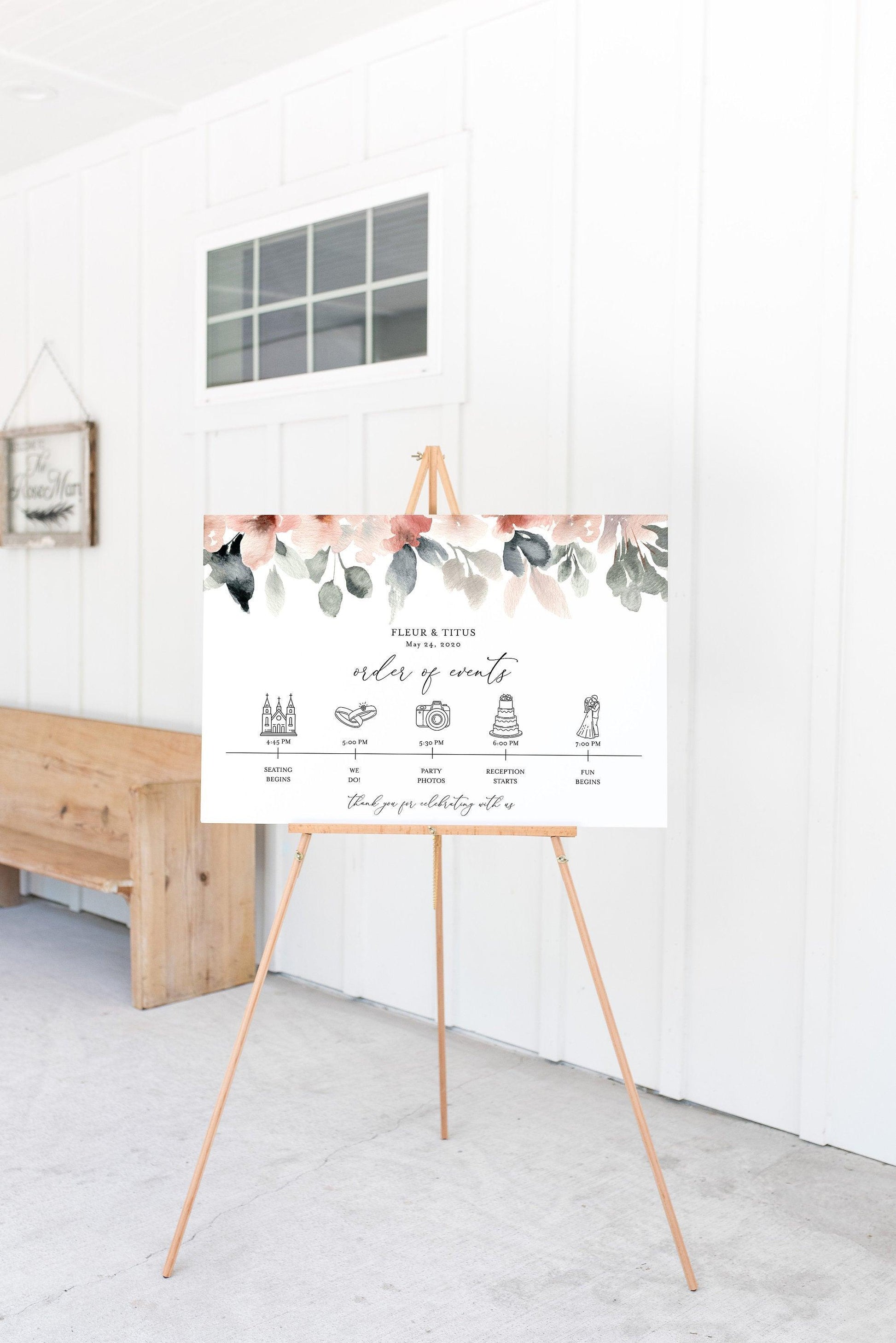 Order of Events Sign Template Blush Wedding Itinerary Sign Timeline Sign Printable - Fleur - SAVVY PAPER CO