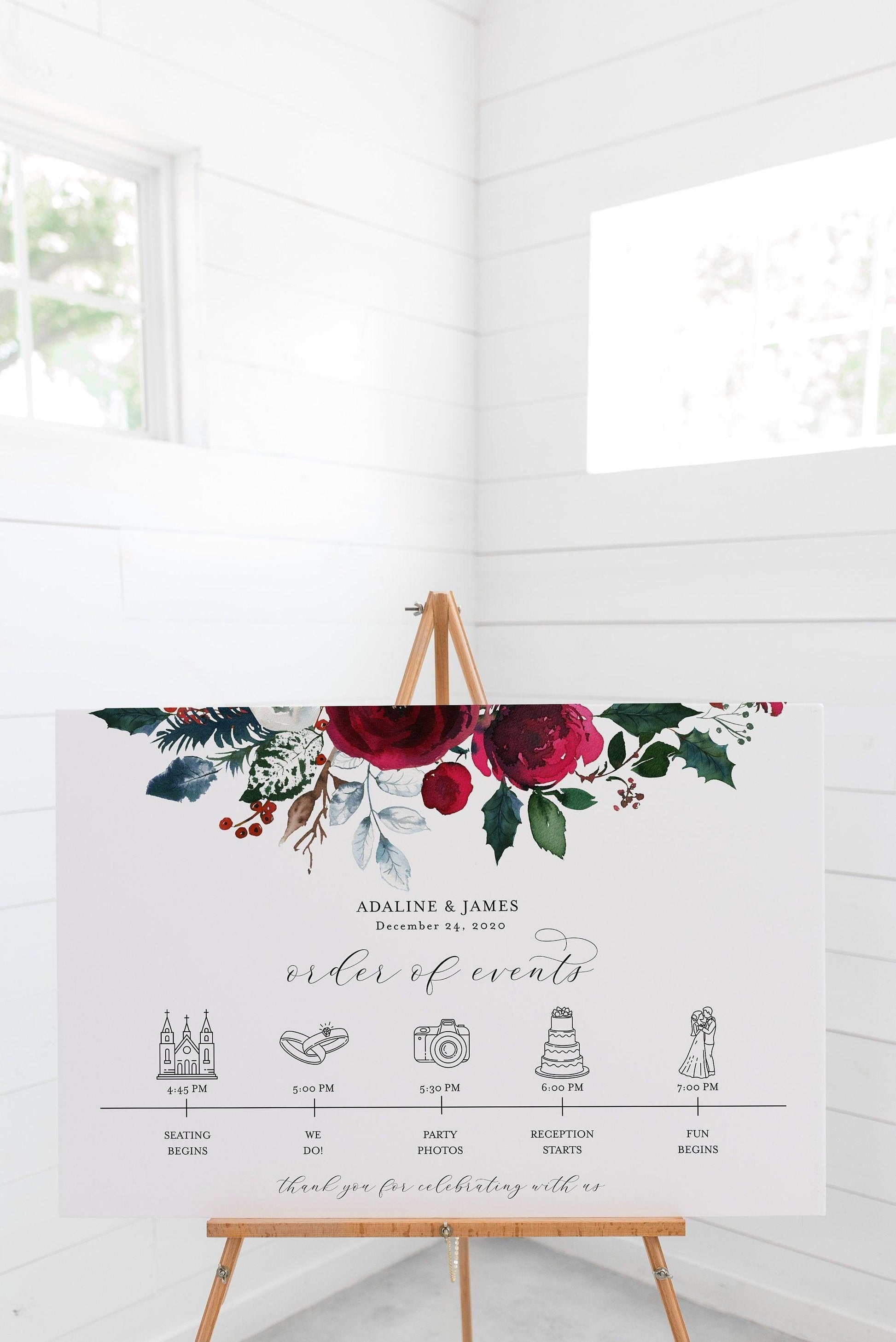 Order of Events Sign Template Burgundy Christmas Wedding Itinerary Sign Timeline Sign Printable - ADA - SAVVY PAPER CO