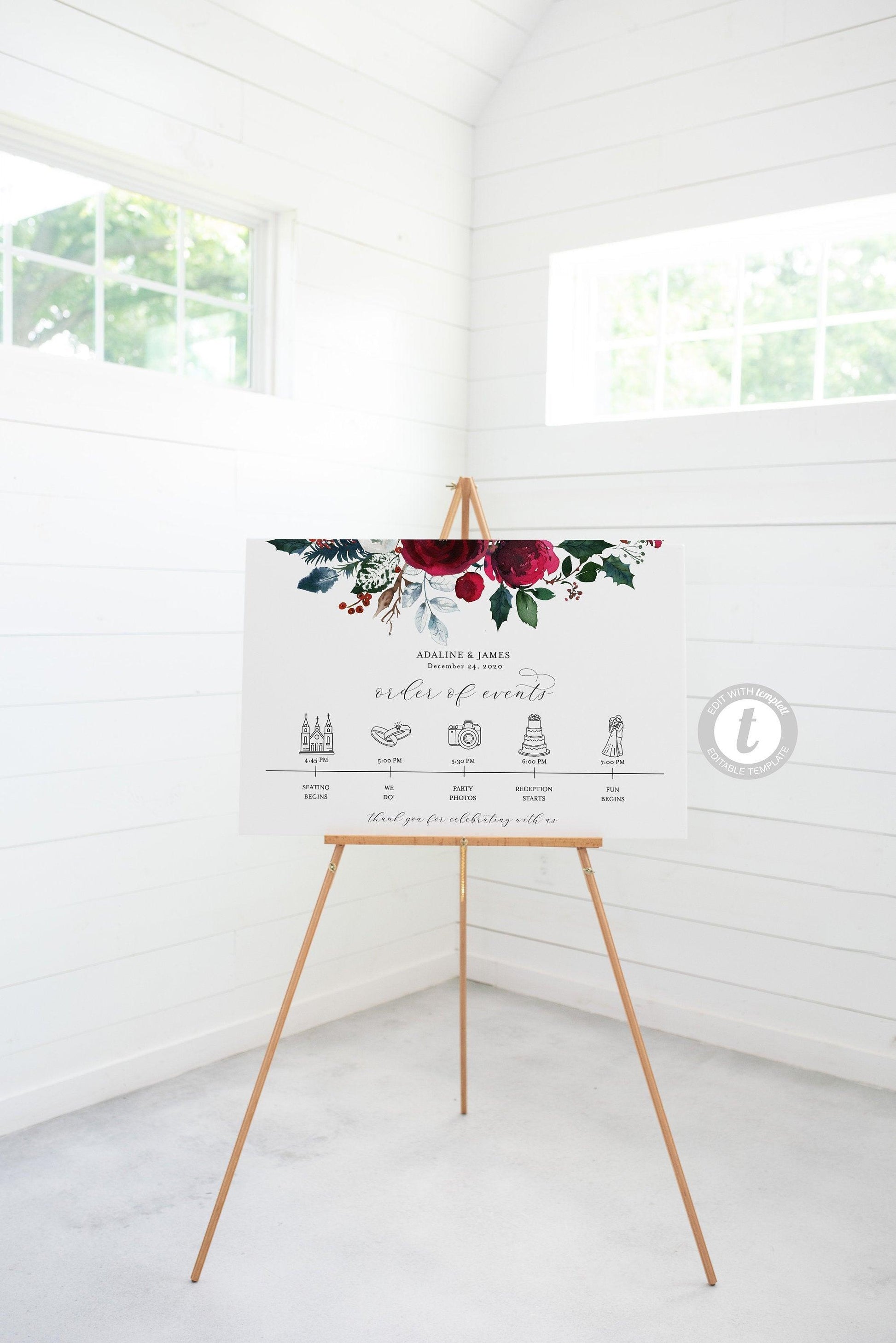 Order of Events Sign Template Burgundy Christmas Wedding Itinerary Sign Timeline Sign Printable - ADA - SAVVY PAPER CO
