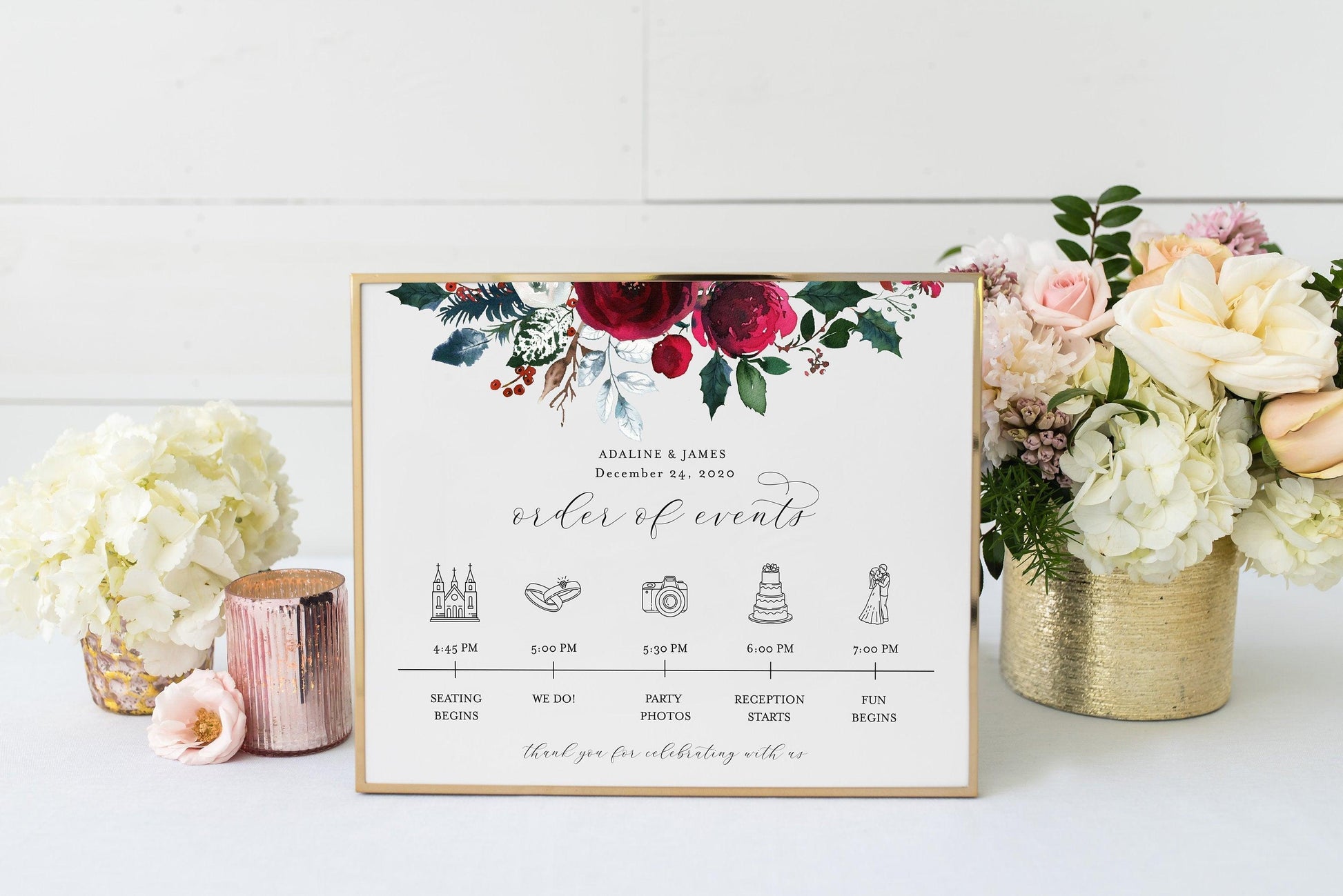 Order of Events Sign Template Burgundy Christmas Wedding Itinerary Sign Timeline Sign Printable - ADA - SAVVY PAPER CO