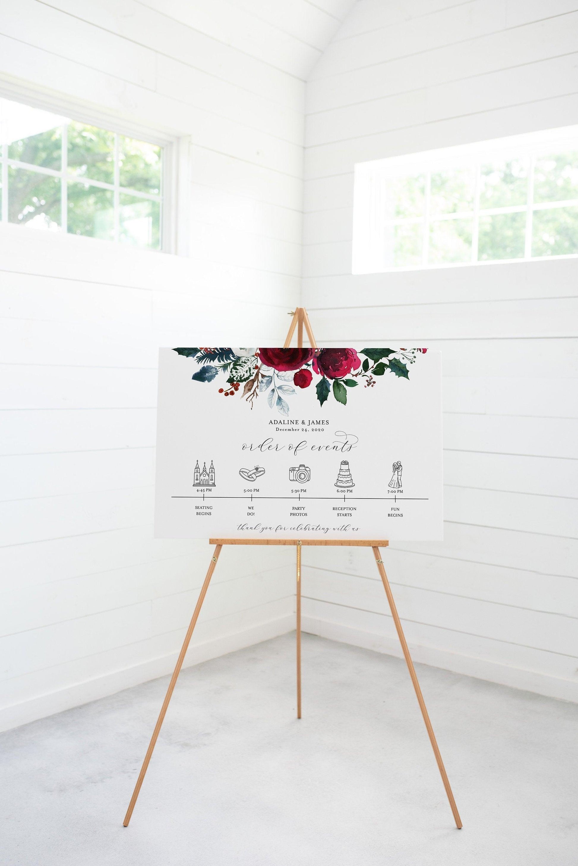 Order of Events Sign Template Burgundy Christmas Wedding Itinerary Sign Timeline Sign Printable - ADA - SAVVY PAPER CO