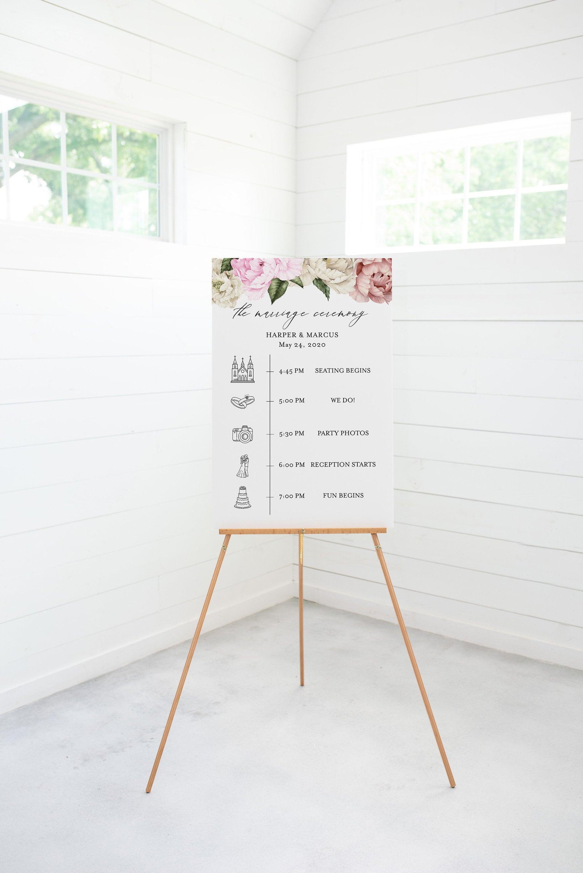 Order of Events Sign Template Wedding Itinerary Sign Timeline Sign Printable Blush Floral - Harper - SAVVY PAPER CO
