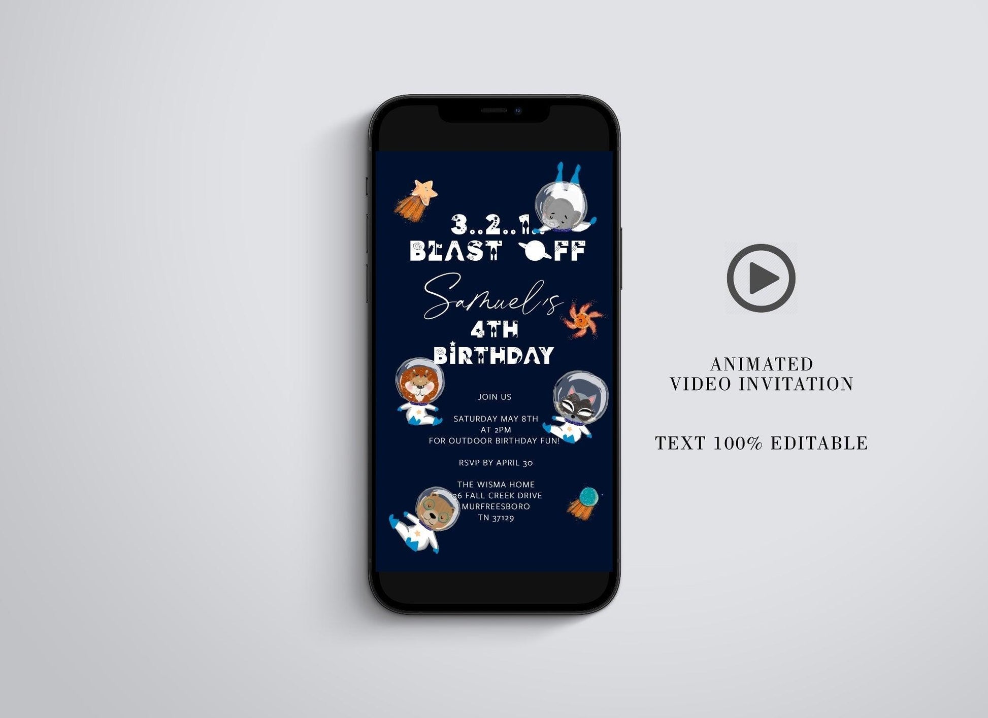Outer Space Theme Birthday Video Evite, Animals Electronic Birthday Video Invitation, Animated Invitation Astronaut Galaxy Blast Off - SAVVY PAPER CO