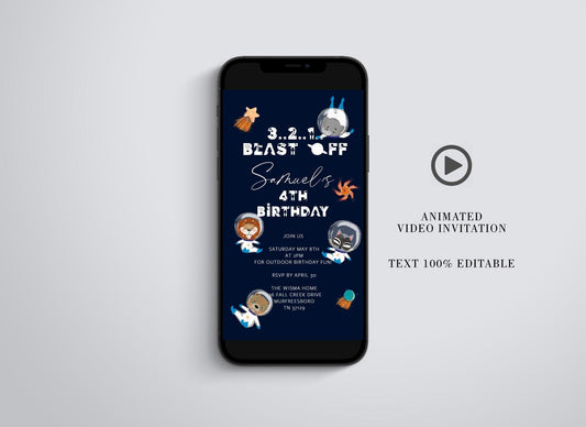 Outer Space Theme Birthday Video Evite, Animals Electronic Birthday Video Invitation, Animated Invitation Astronaut Galaxy Blast Off - SAVVY PAPER CO