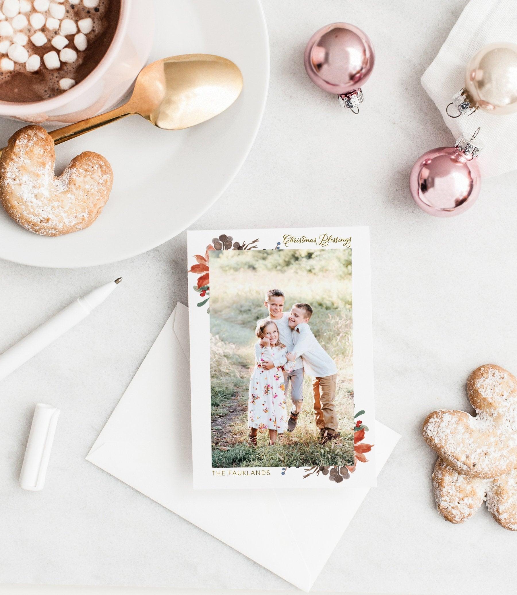 Photo Christmas Card Template, Christmas Snowflakes Card Template, Holiday Card Template - SELENA - SAVVY PAPER CO