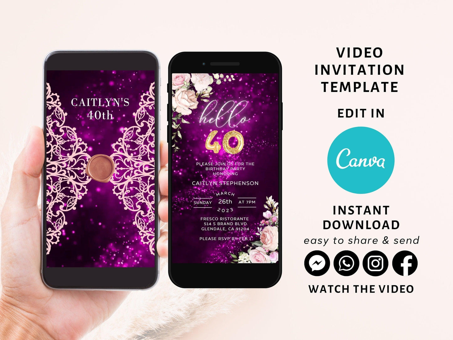 Pink 40th Birthday Invitation, Any Age Editable Invite Template, Electronic Birthday Invite, Dripping Digital Evite Instant Download - SAVVY PAPER CO