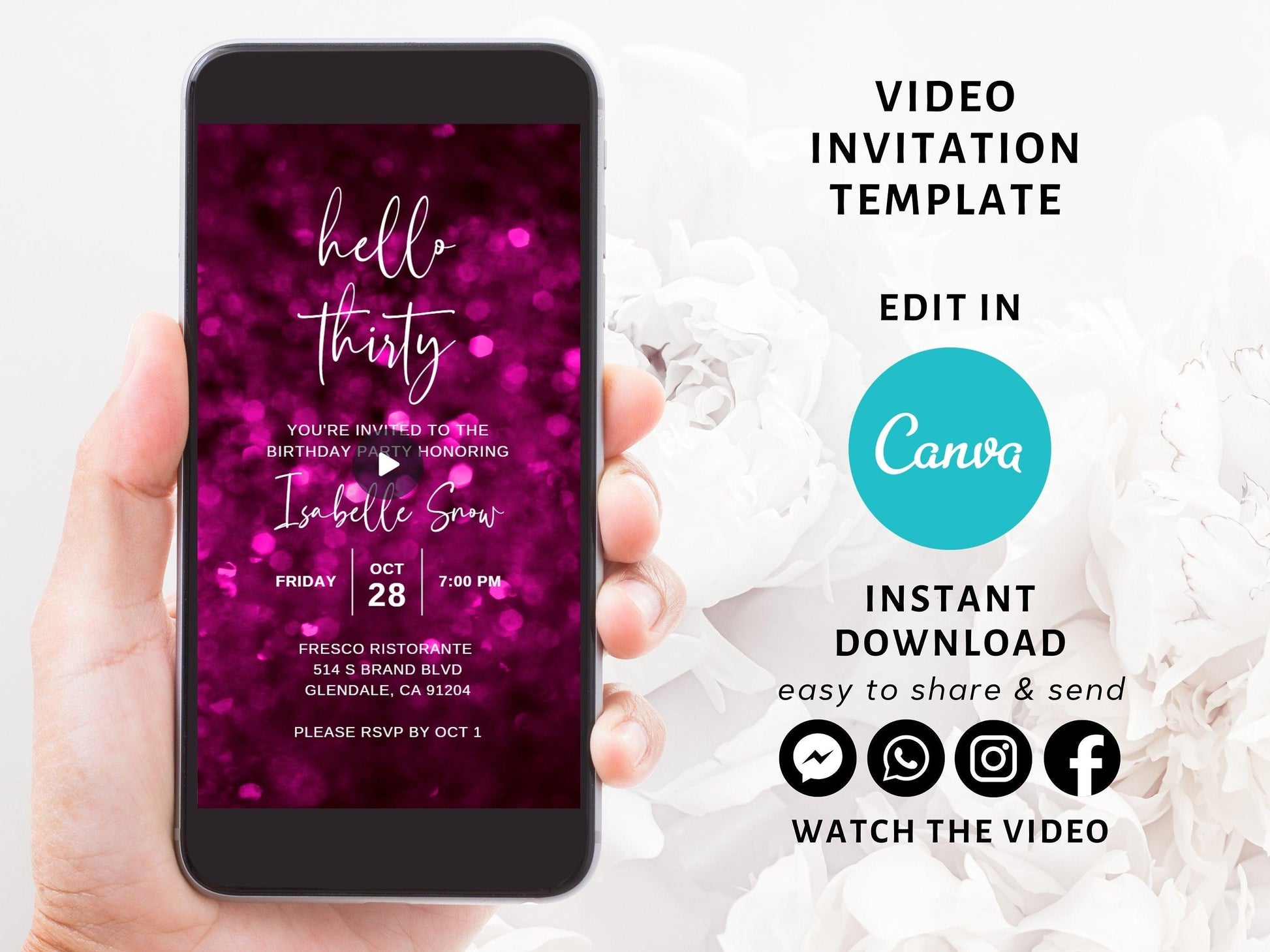 Pink Glitter Hello Thirty Birthday Video Invitation, Editable Invite Template Electronic 30th Birthday Invite Digital Evite Instant Download - SAVVY PAPER CO