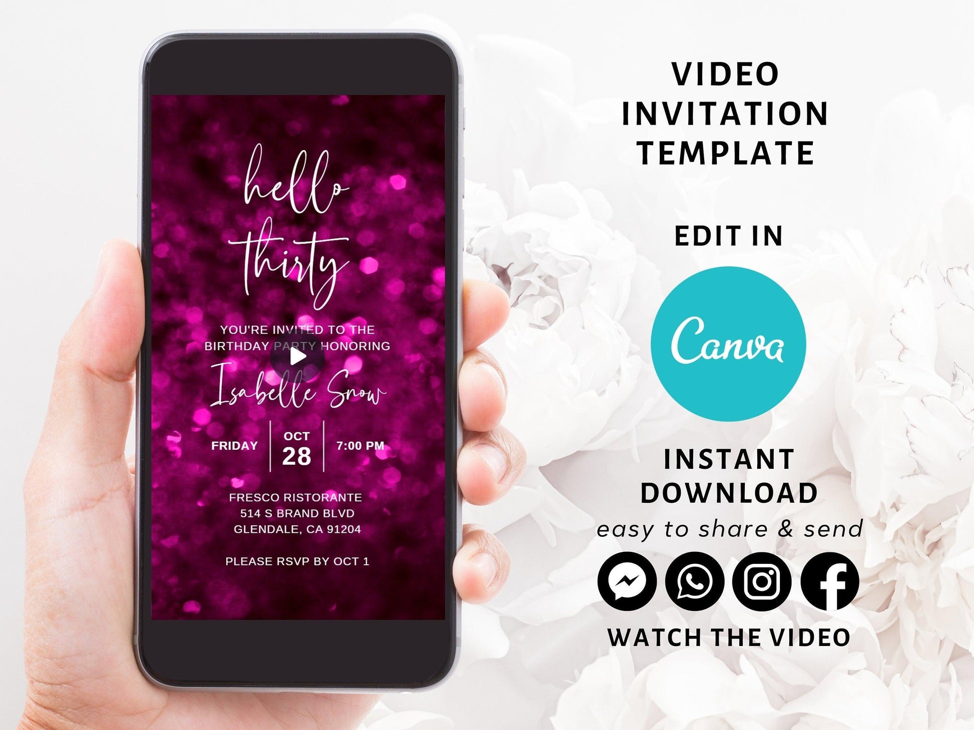 Pink Glitter Hello Thirty Birthday Video Invitation, Editable Invite Template Electronic 30th Birthday Invite Digital Evite Instant Download - SAVVY PAPER CO