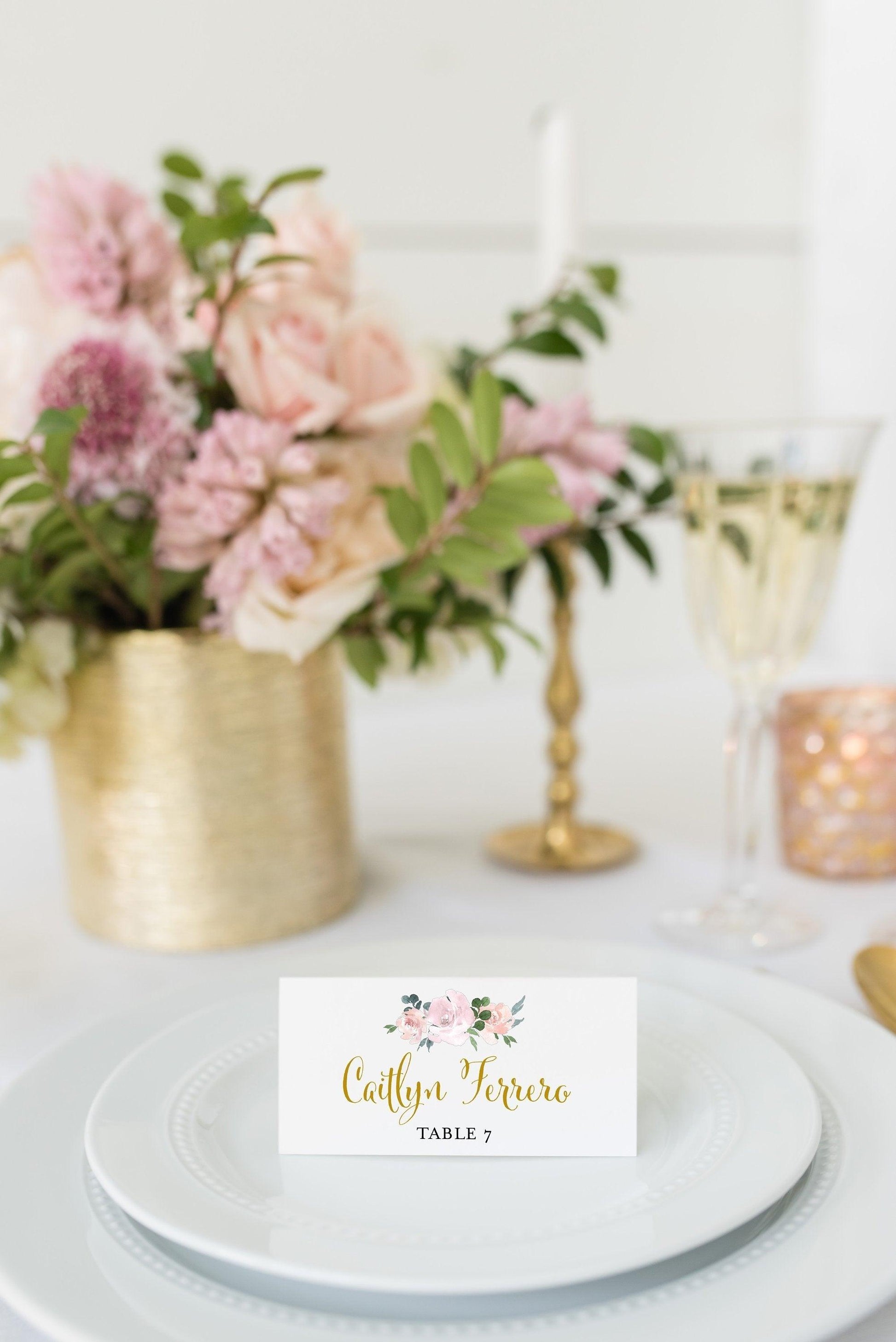 Place Card Template Templett Wedding Escort Cards Printable Place Card, Place Cards Gold Blush Editable Wedding - Rhea - SAVVY PAPER CO