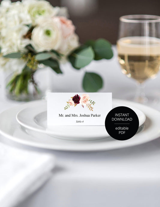 Place Cards Wedding, Table Place Cards, Place Card Template, Tented Place Cards,Seating Cards, Name Cards, Floral, Burgundy - Katherine - SAVVY PAPER CO