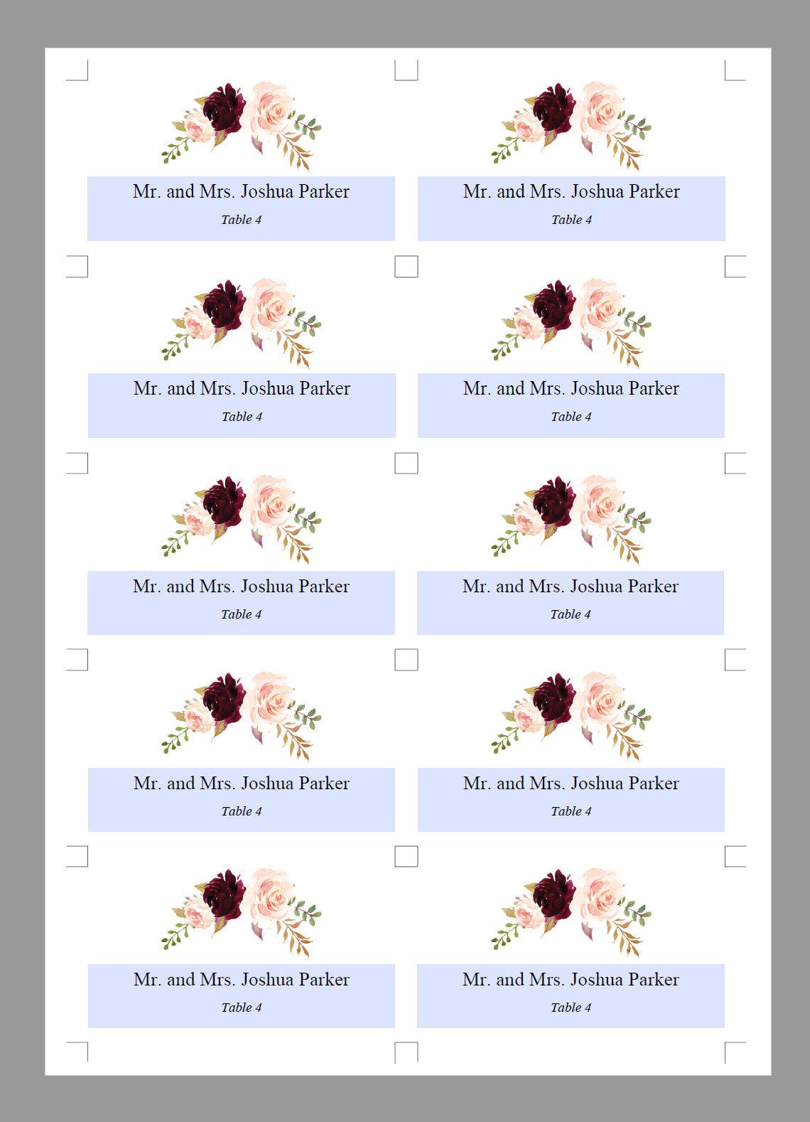 Place Cards Wedding, Table Place Cards, Place Card Template, Tented Place Cards,Seating Cards, Name Cards, Floral, Burgundy - Katherine - SAVVY PAPER CO