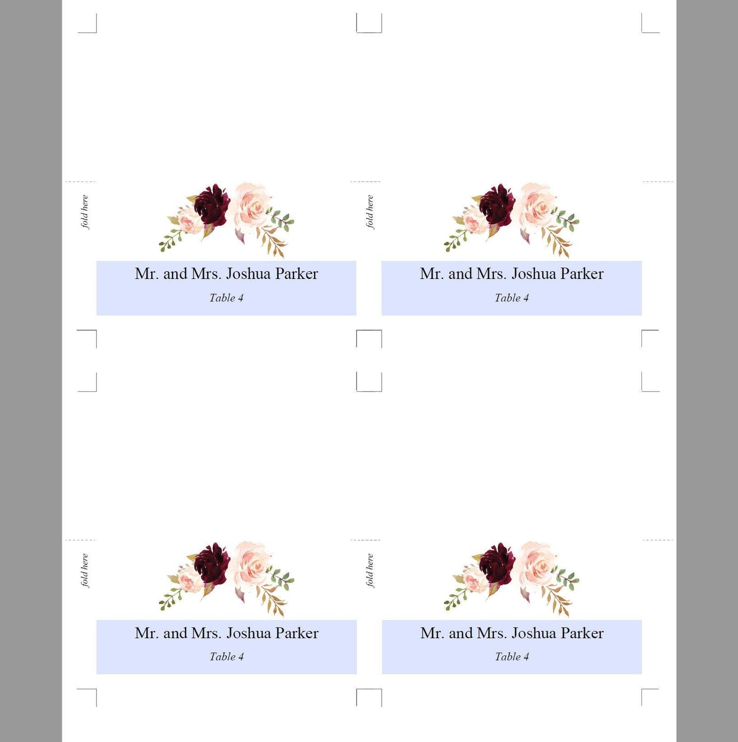 Place Cards Wedding, Table Place Cards, Place Card Template, Tented Place Cards,Seating Cards, Name Cards, Floral, Burgundy - Katherine - SAVVY PAPER CO