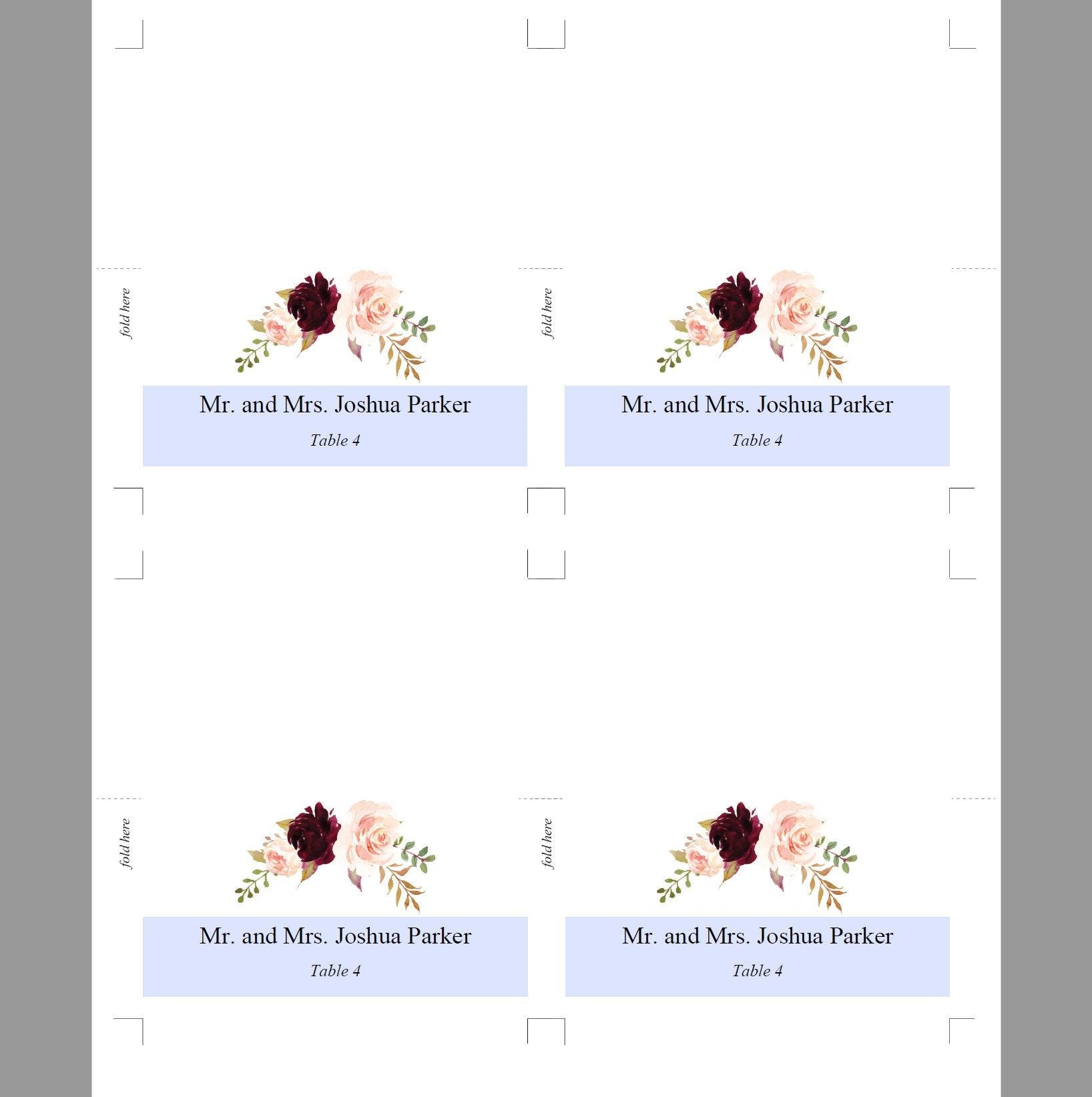 Place Cards Wedding, Table Place Cards, Place Card Template, Tented Place Cards,Seating Cards, Name Cards, Floral, Burgundy - Katherine - SAVVY PAPER CO