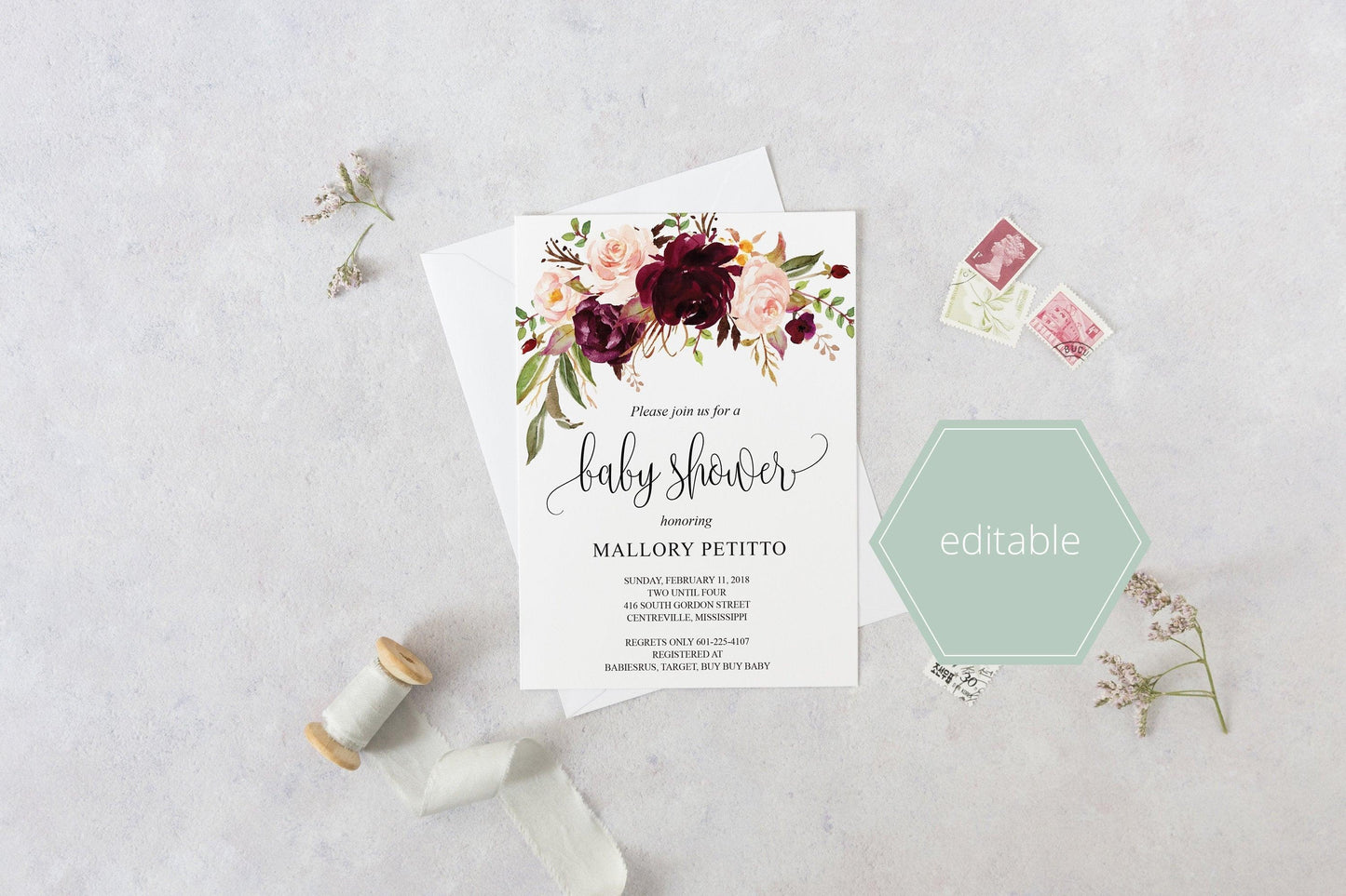 Printable Baby Shower Invitation Template, Baby Shower invite, Burgundy, Floral, Invitation, Baby Shower Invites - MPU78 - SAVVY PAPER CO