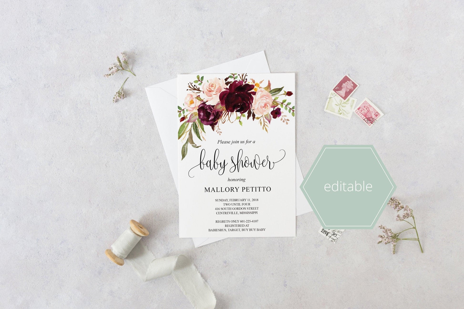 Printable Baby Shower Invitation Template, Baby Shower invite, Burgundy, Floral, Invitation, Baby Shower Invites - MPU78 - SAVVY PAPER CO